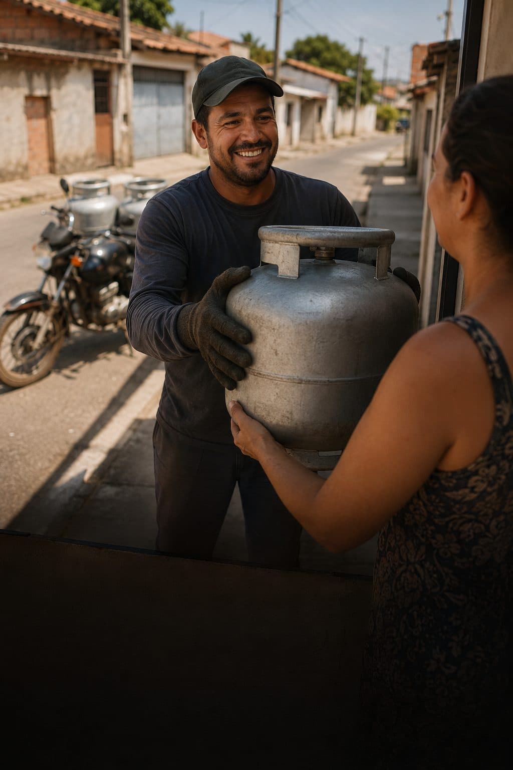 Entregador sorrindo ao entregar um botijão de gás na porta da cliente