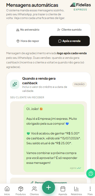 Tela de mensagens automáticas do Fideliza