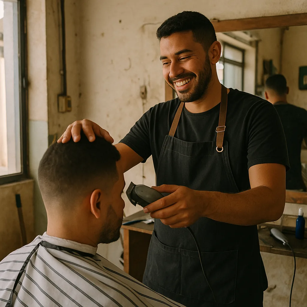 Barbeiro finalizando o corte de um cliente na cadeira