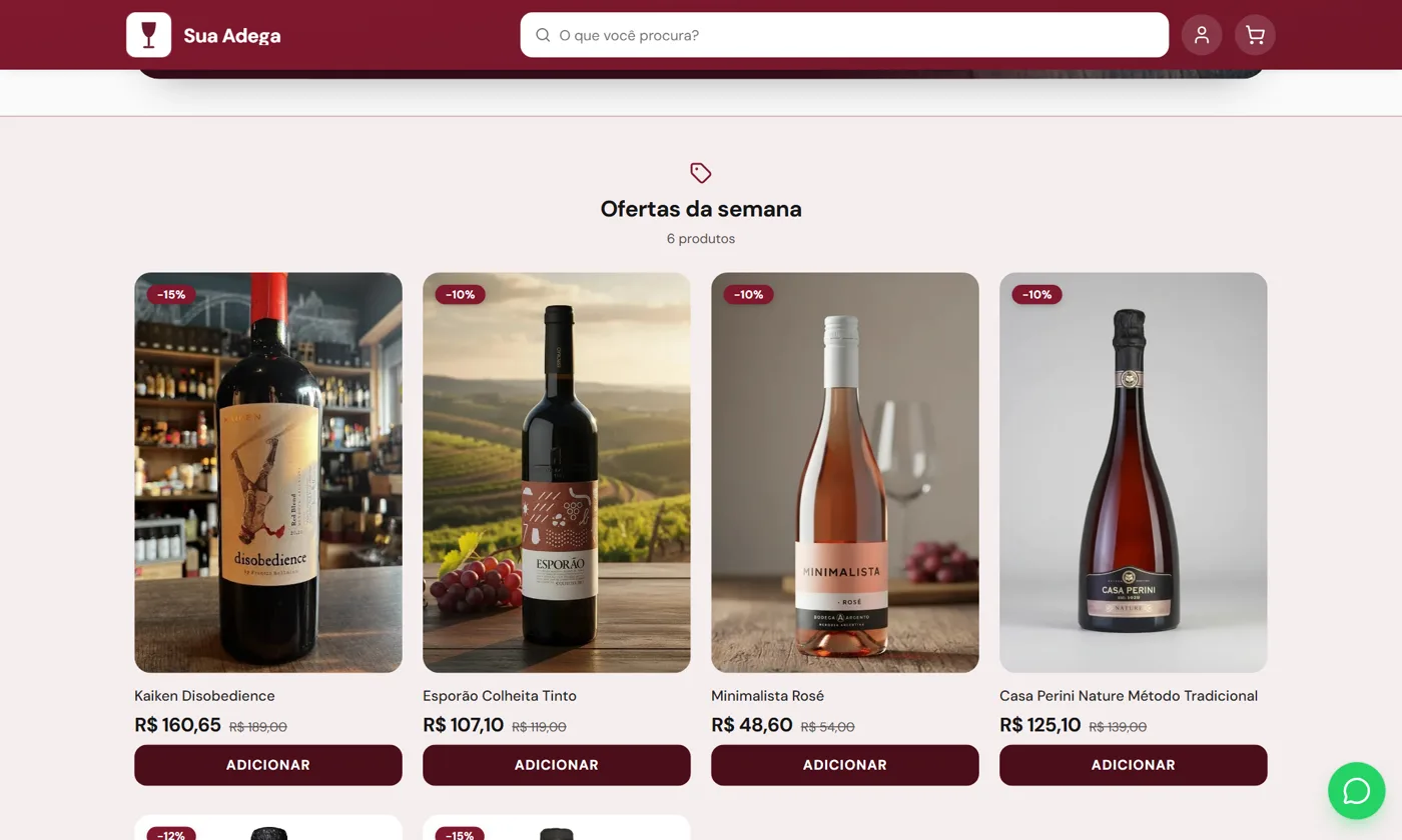 Página inicial de uma loja virtual de vinhos feita no Fideliza, com ofertas da semana